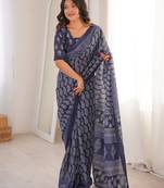 Indigo bloue piece with cotton printed saree