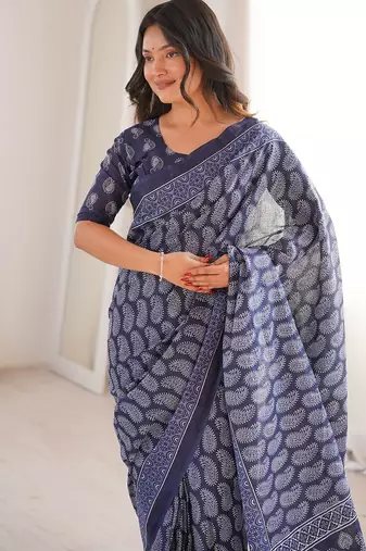 Indigo bloue piece with cotton printed saree