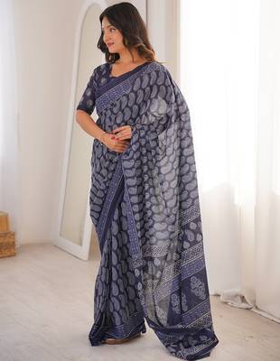 Indigo bloue piece with cotton printed saree 3
