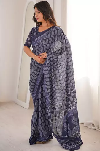 Indigo bloue piece with cotton printed saree