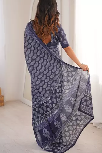 Indigo bloue piece with cotton printed saree