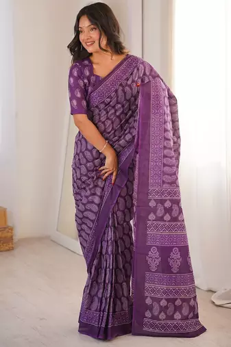 Purple bloue piece with cotton printed saree