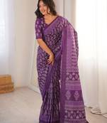 Purple bloue piece with cotton printed saree