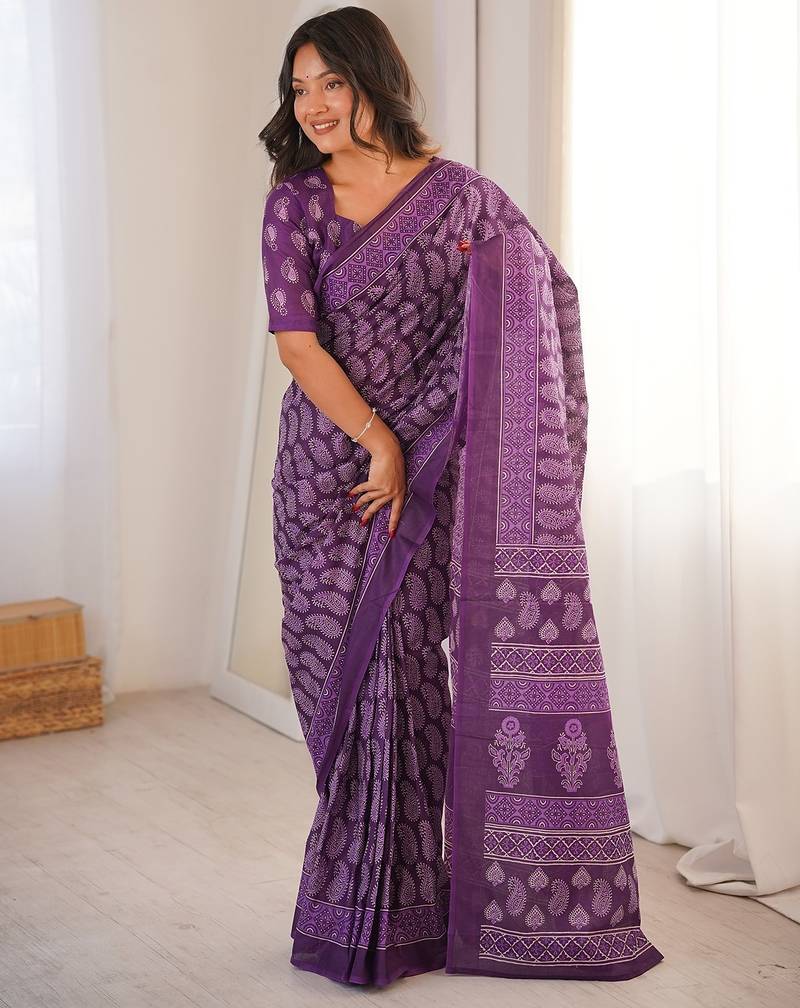 Purple bloue piece with cotton printed saree