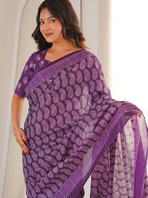 Purple bloue piece with cotton printed saree 2