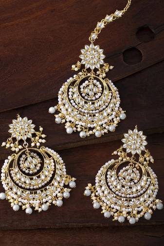 Aheli traditional jewellery kundan pearl maang tikka earring cz set for women