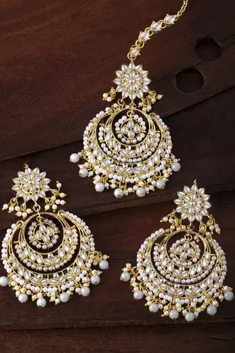 Aheli traditional jewellery kundan pearl maang tikka earring cz set for women