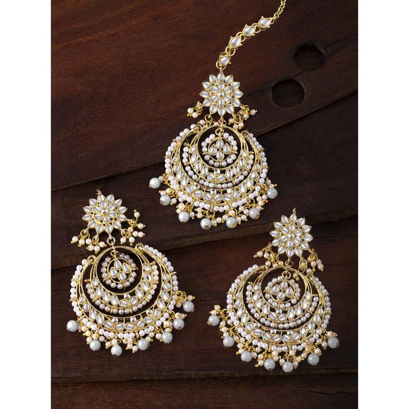 Aheli traditional jewellery kundan pearl maang tikka earring cz set for women