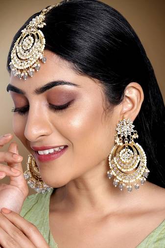 Traditional Kundan Pearl Maang Tikka Earring CZ Women
