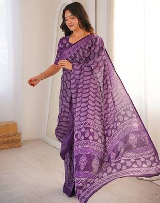 Purple bloue piece with cotton printed saree 3