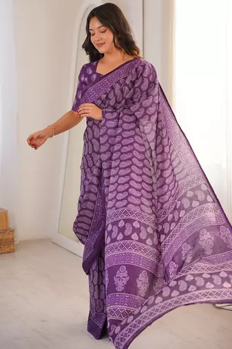 Purple bloue piece with cotton printed saree