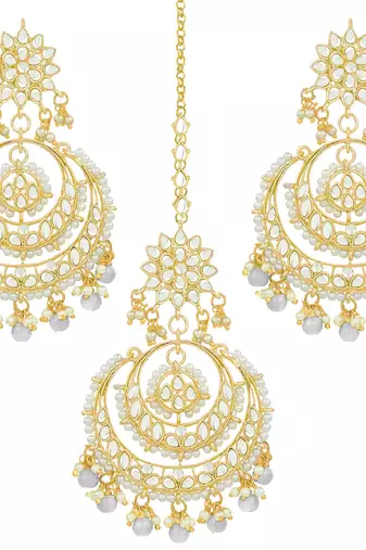 Aheli traditional jewellery kundan pearl maang tikka earring cz set for women