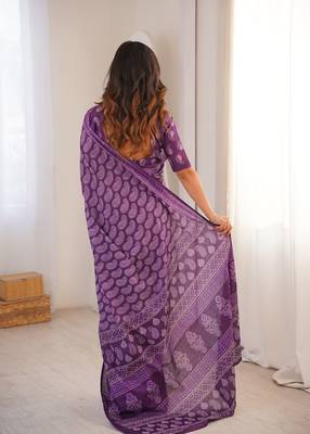 Purple bloue piece with cotton printed saree 4