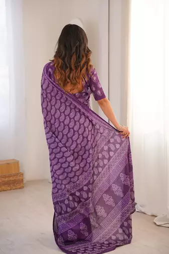 Purple bloue piece with cotton printed saree