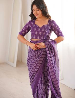 Purple bloue piece with cotton printed saree 5