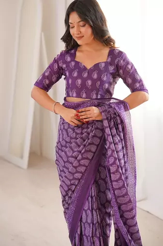 Purple bloue piece with cotton printed saree