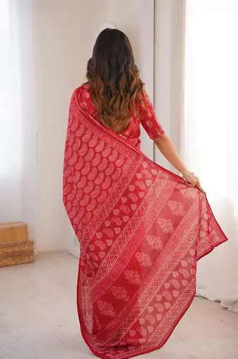 Red bloue piece with cotton printed saree