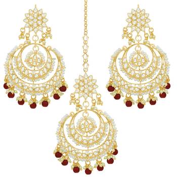 Aheli kundan studded maang tikka earring set traditional jewellery gift for women 3
