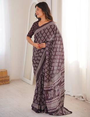 Brown bloue piece with cotton printed saree 1
