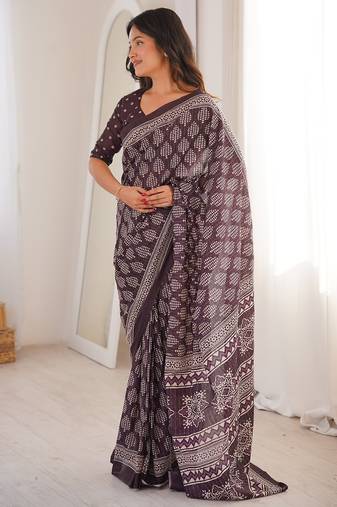 Brown bloue piece with cotton printed saree