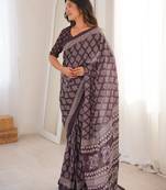 Brown bloue piece with cotton printed saree