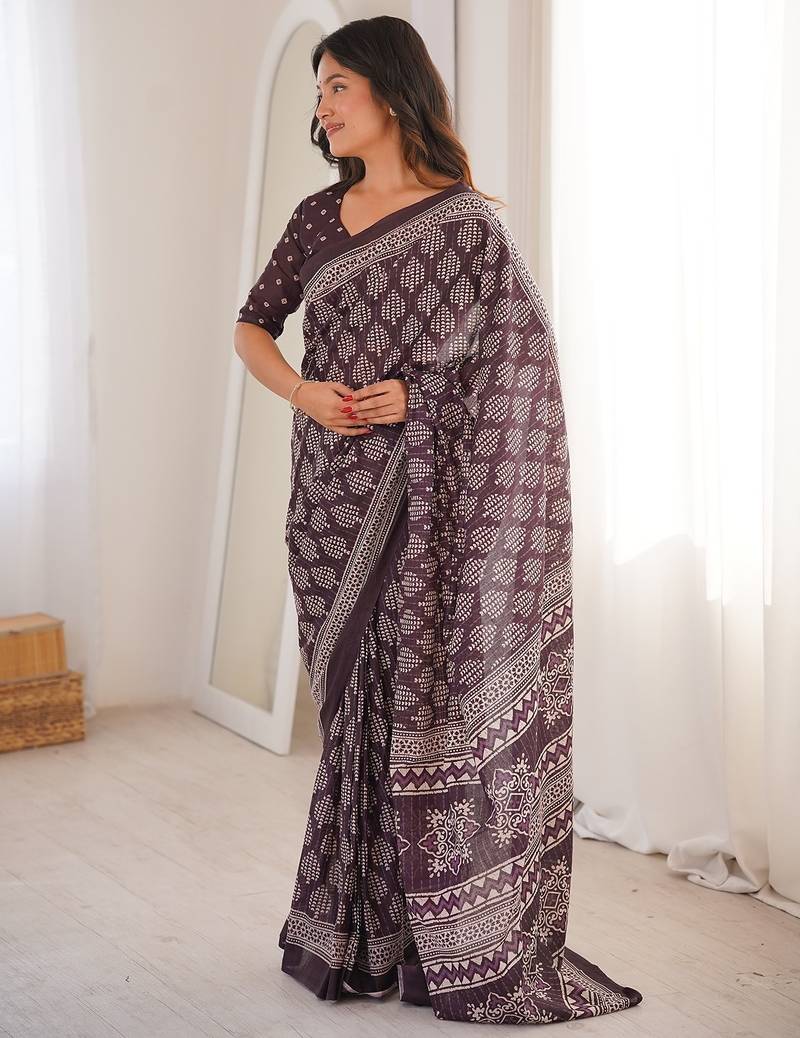 Brown bloue piece with cotton printed saree