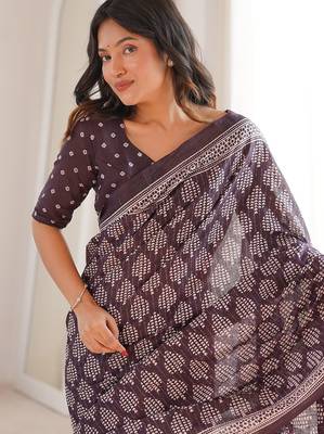 Brown bloue piece with cotton printed saree 2