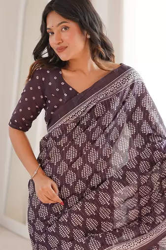Brown bloue piece with cotton printed saree