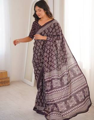 Brown bloue piece with cotton printed saree 3