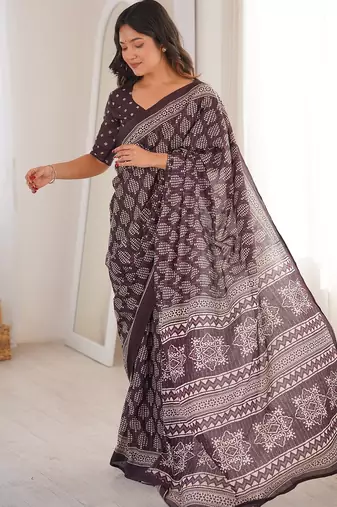 Brown bloue piece with cotton printed saree
