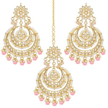 Aheli traditional jewellery kundan pearl maang tikka and earring set for women 3