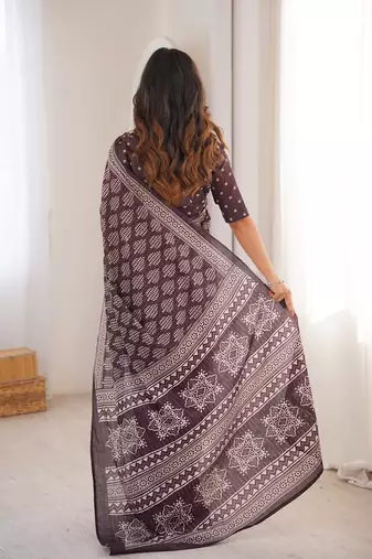 Brown bloue piece with cotton printed saree