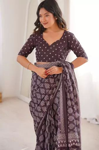 Brown bloue piece with cotton printed saree