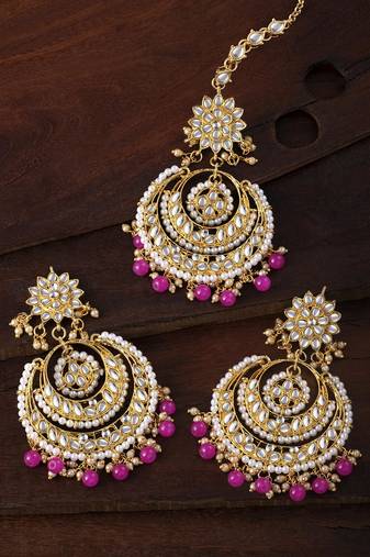 Aheli traditional jewellery kundan pearl maang tikka earring set for women's