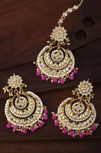 Aheli traditional jewellery kundan pearl maang tikka earring set for women's