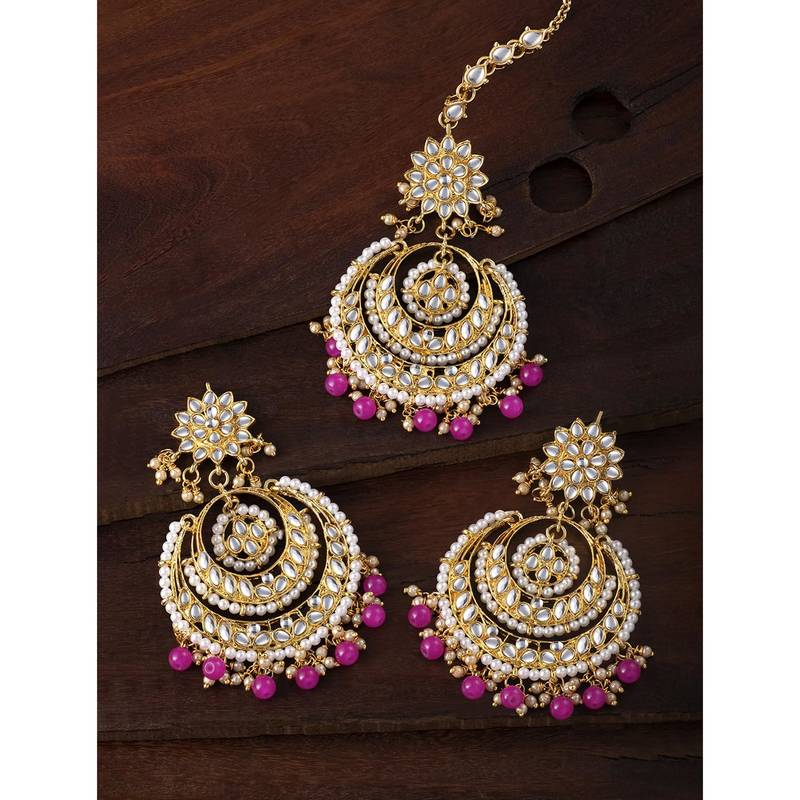 Aheli traditional jewellery kundan pearl maang tikka earring set for women's
