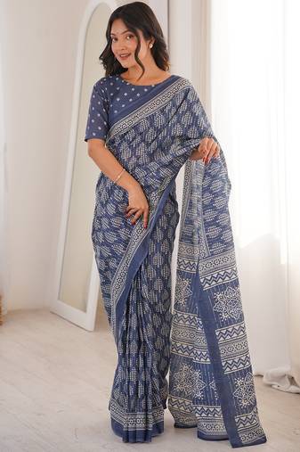 Grey bloue piece with cotton printed saree