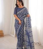 Grey bloue piece with cotton printed saree