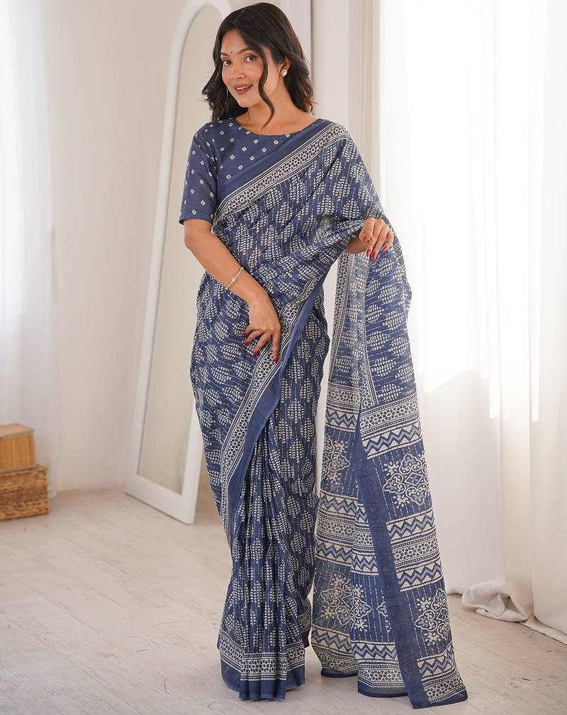 Grey bloue piece with cotton printed saree