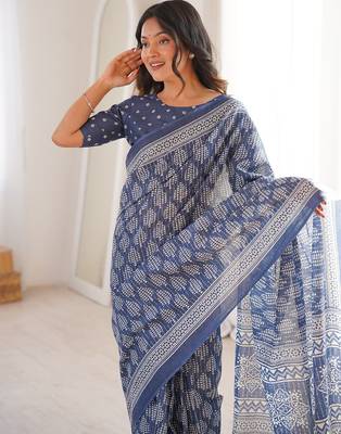 Grey bloue piece with cotton printed saree 2