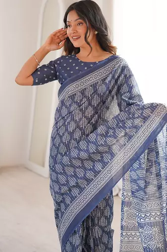 Grey bloue piece with cotton printed saree