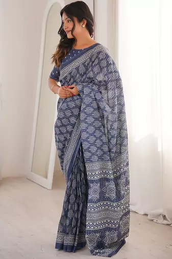 Grey bloue piece with cotton printed saree