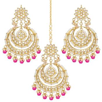 Aheli traditional jewellery kundan pearl maang tikka earring set for women's 3