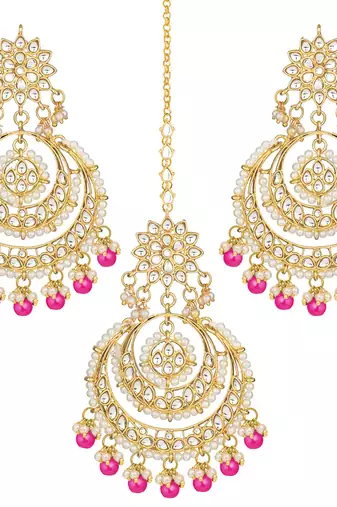 Aheli traditional jewellery kundan pearl maang tikka earring set for women's