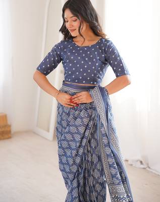 Grey bloue piece with cotton printed saree 5