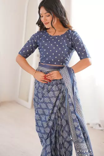 Grey bloue piece with cotton printed saree