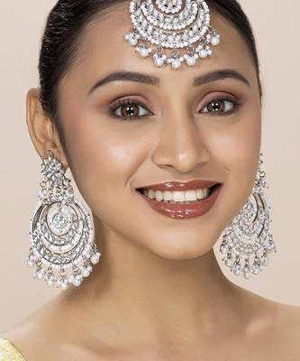 Aheli traditional kundan & pearl maang tikka with chandbali earring jewellery set for women 1