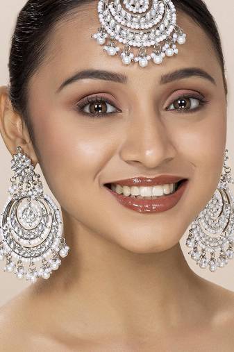 Aheli traditional kundan & pearl maang tikka with chandbali earring jewellery set for women