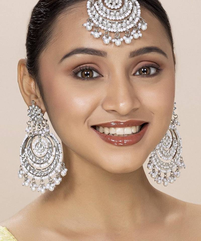 Aheli traditional kundan & pearl maang tikka with chandbali earring jewellery set for women