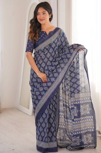 Indigo bloue piece with cotton printed saree
